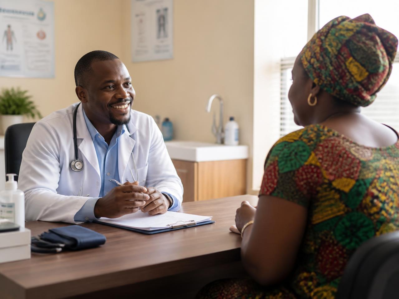 Professionnel de la clinique en échange avec un patient lors d'une consultation